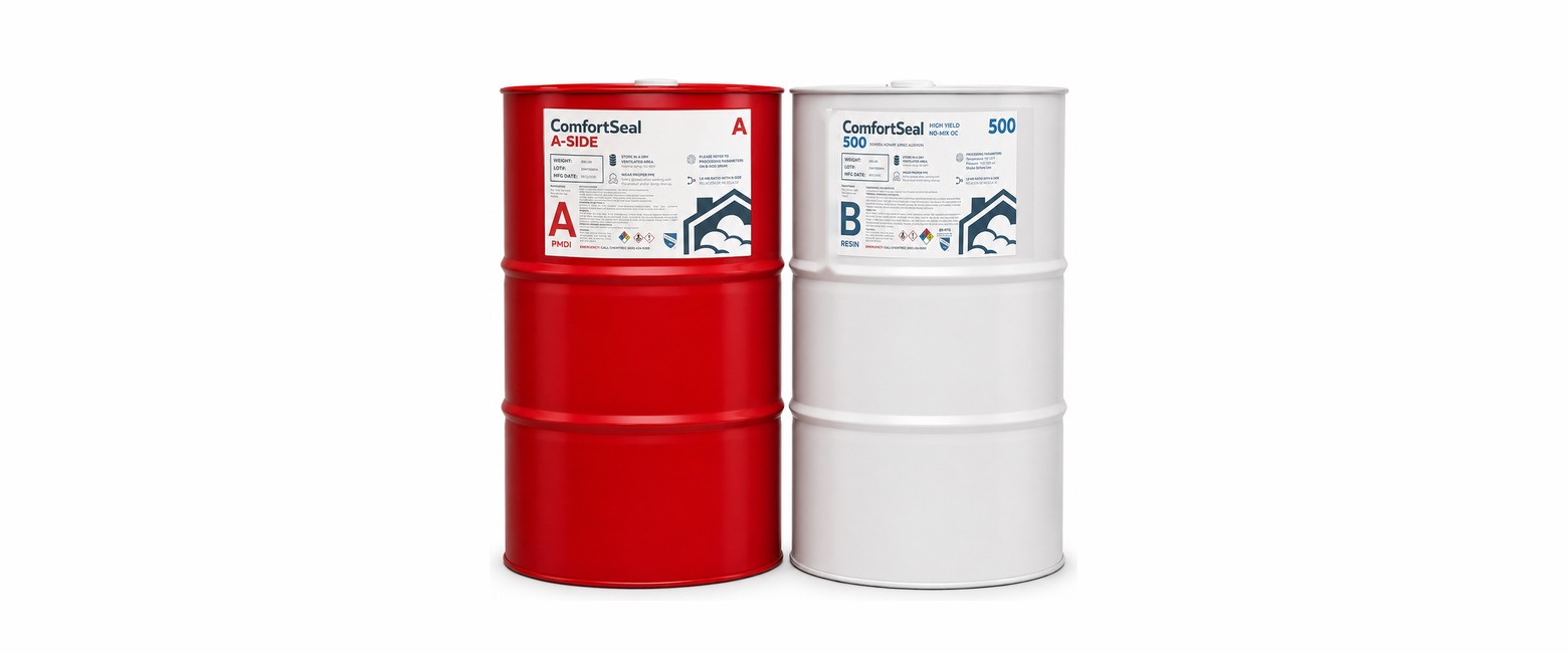 ComfortSeal 500 open cell spray foam drum set — red A-side PMDI drum and white B-side resin drum