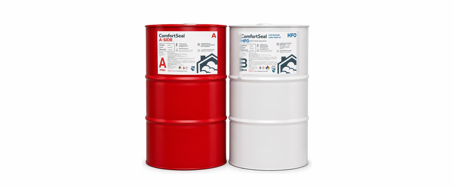 ComfortSeal HFO closed cell spray foam drum set — red A-side PMDI drum and white B-side resin drum
