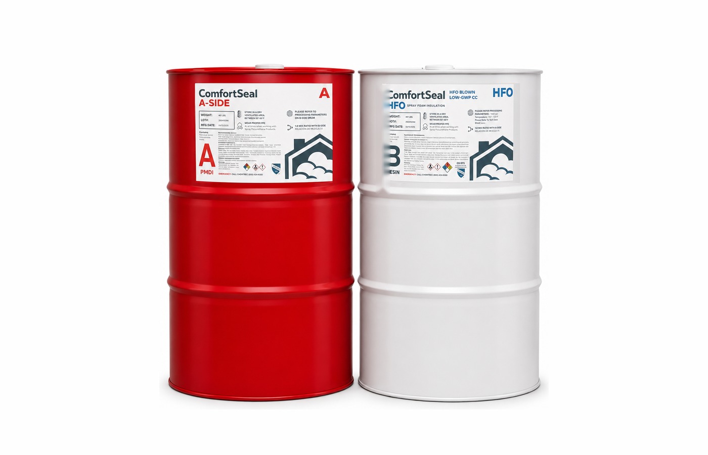 ComfortSeal HFO closed cell spray foam drum set — red A-side PMDI drum and white B-side resin drum