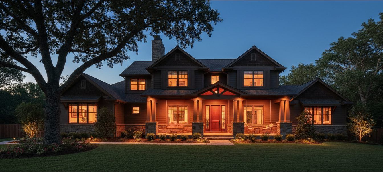 A craftsman home at dusk, lit warmly from inside
