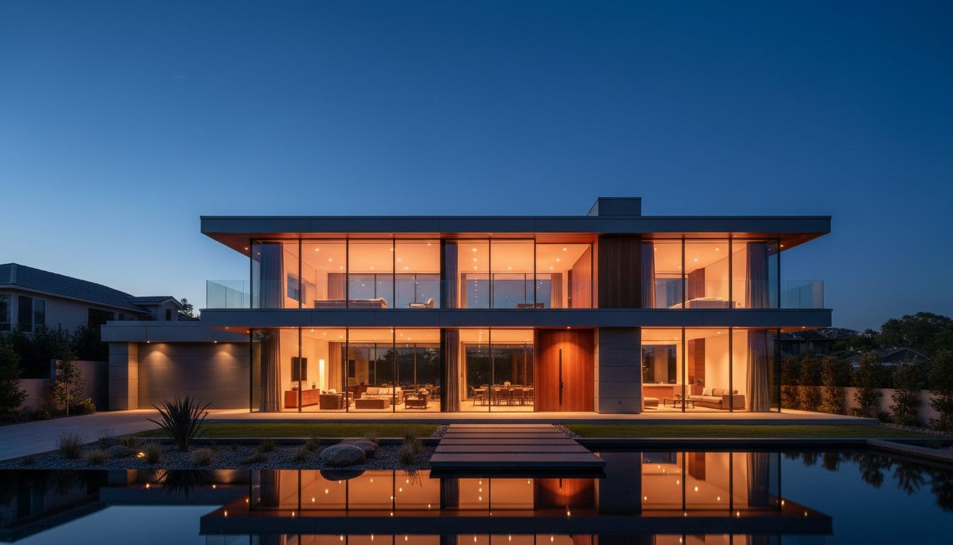 A modern home at dusk with warm light in every window
